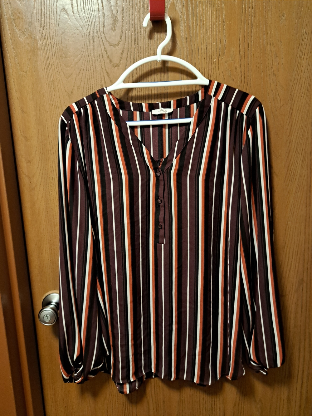 Maurices Striped V-Neck Long Sleeve Blouse - Maroon, Orange & White